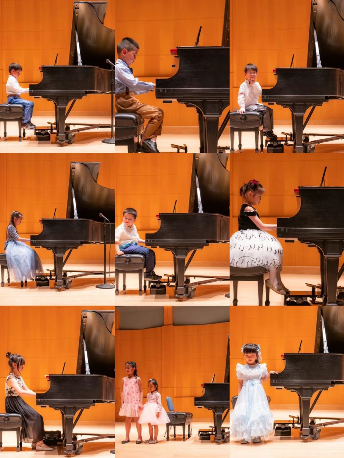 A student performing on a grand piano in the concert hall · 学生在音乐厅舞台演奏三角钢琴