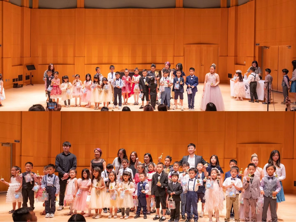 A collage of moments from the YY Piano Studio annual concert · 悦音音乐年度音乐会舞台瞬间拼图